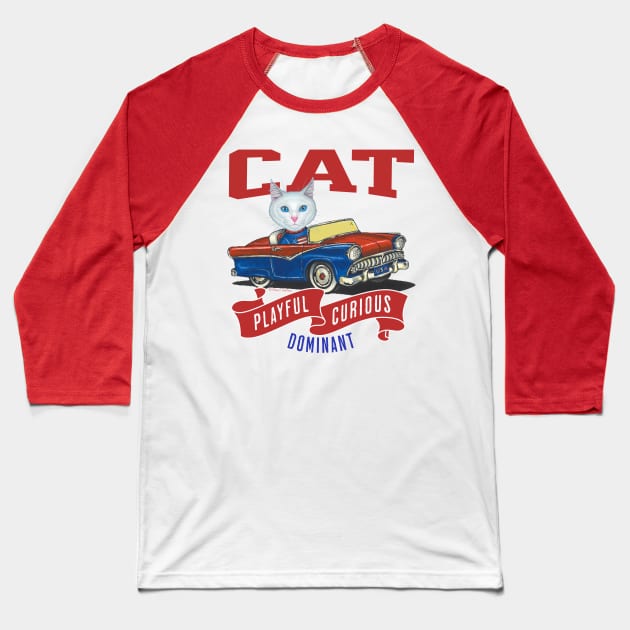 Humor funny white kitty cat driving a vintage classic car to a retro parade with red white and blue flags Baseball T-Shirt by Danny Gordon Art